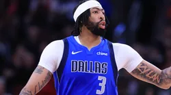 Anthony Davis #3 of the Dallas Mavericks reacts during the first half against the Chicago Bulls at the United Center.