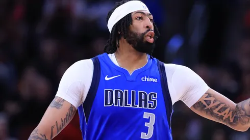 Anthony Davis #3 of the Dallas Mavericks reacts during the first half against the Chicago Bulls at the United Center.