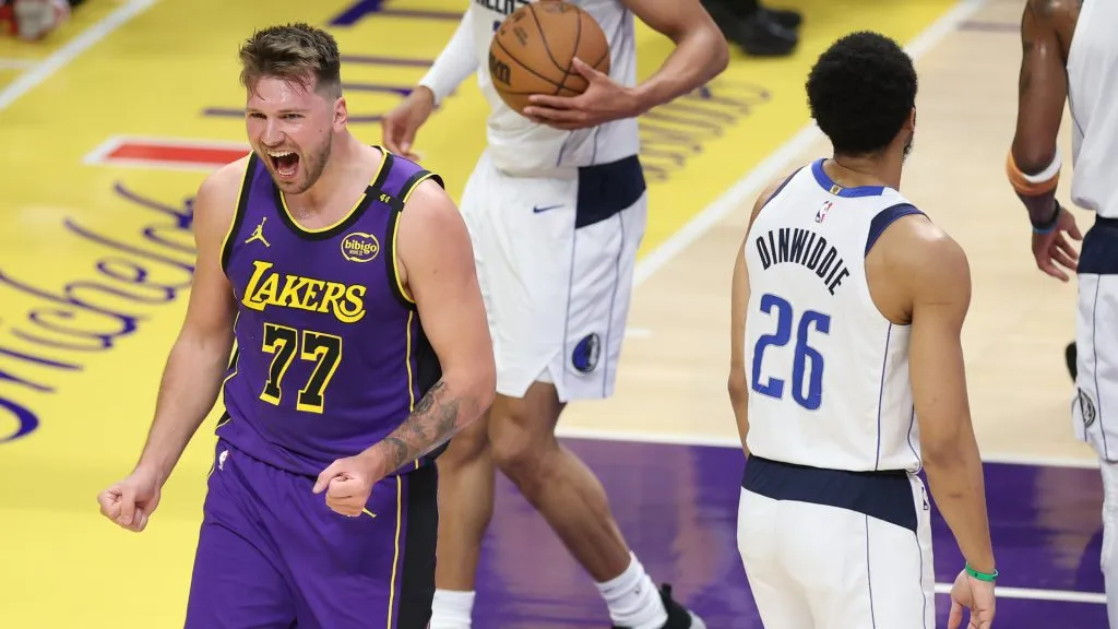 Luka Doncic #77 of the Los Angeles Lakers reacts to being fouled during the first half of a game against the Dallas Mavericks at Crypto.com Arena. (Sean M. Haffey/Getty Images)