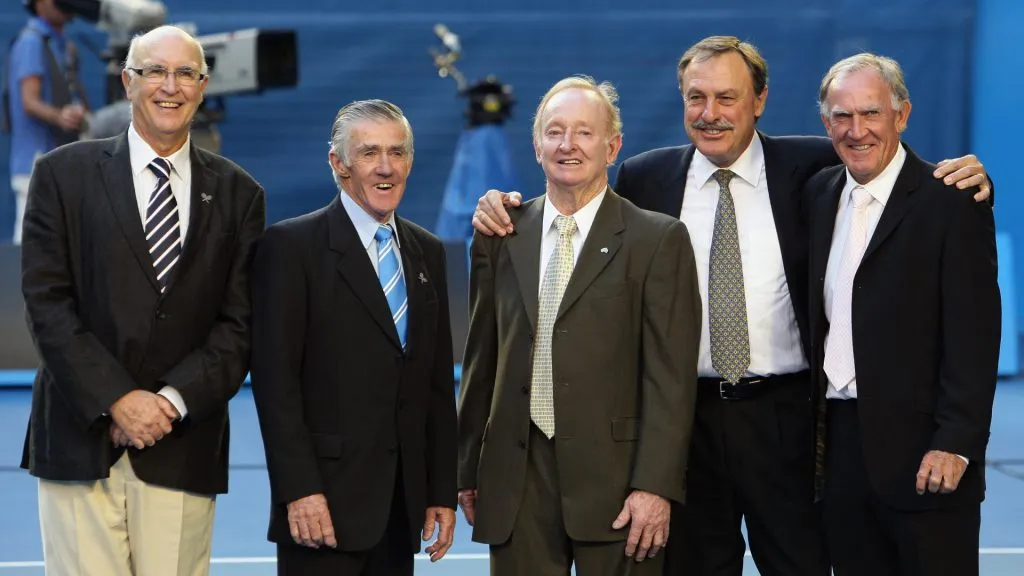 Rod Laver (C) poses with (L-R) Andres Gimeno, Ken Rosewall, John Newcombe and Tony Roche on Rod Laver Arena during day fourteen of the 2009 Australian Open on February 1, 2009. (Mark Dadswell/Getty Images)