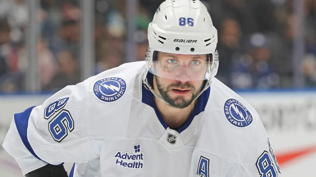 Nikita Kucherov #86 of the Tampa Bay Lightning waits for a faceoff against the Toronto Maple Leafs during the third period in an NHL game at Scotiabank Arena on January 20, 2025 in Toronto, Ontario, Canada.
