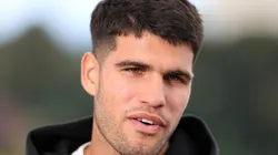 Carlos Alcaraz of Spain speaks to the media during day one of the Rolex Monte-Carlo Masters.
