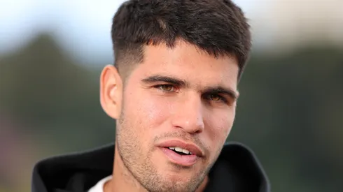 Carlos Alcaraz of Spain speaks to the media during day one of the Rolex Monte-Carlo Masters.