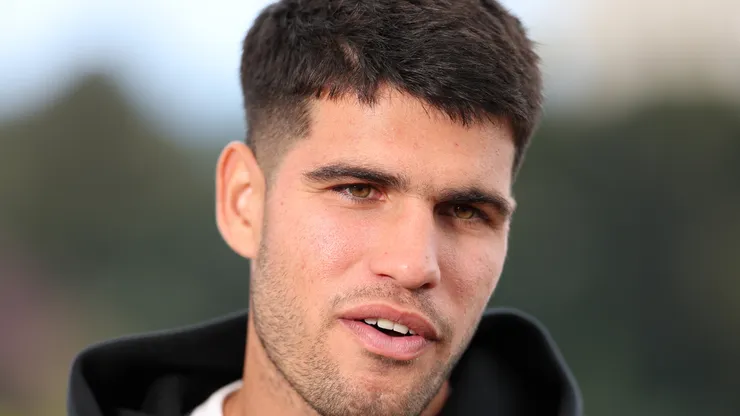Carlos Alcaraz of Spain speaks to the media during day one of the Rolex Monte-Carlo Masters.