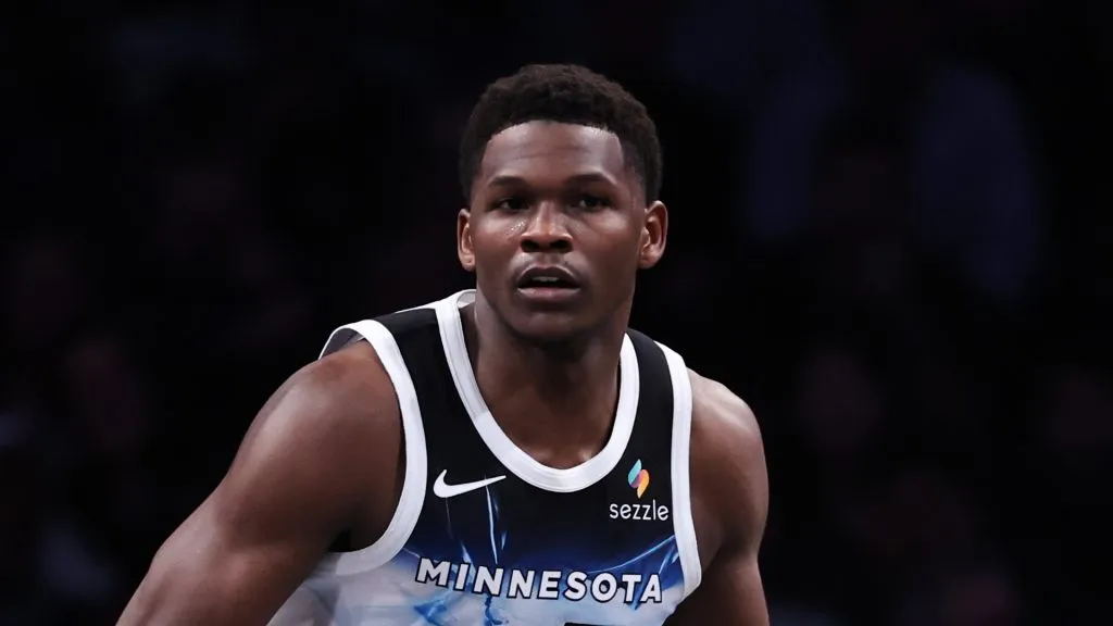 Anthony Edwards #5 of the Minnesota Timberwolves brings the ball up court during the second quarter against the Brooklyn Nets