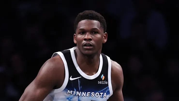 Anthony Edwards #5 of the Minnesota Timberwolves brings the ball up court during the second quarter against the Brooklyn Nets