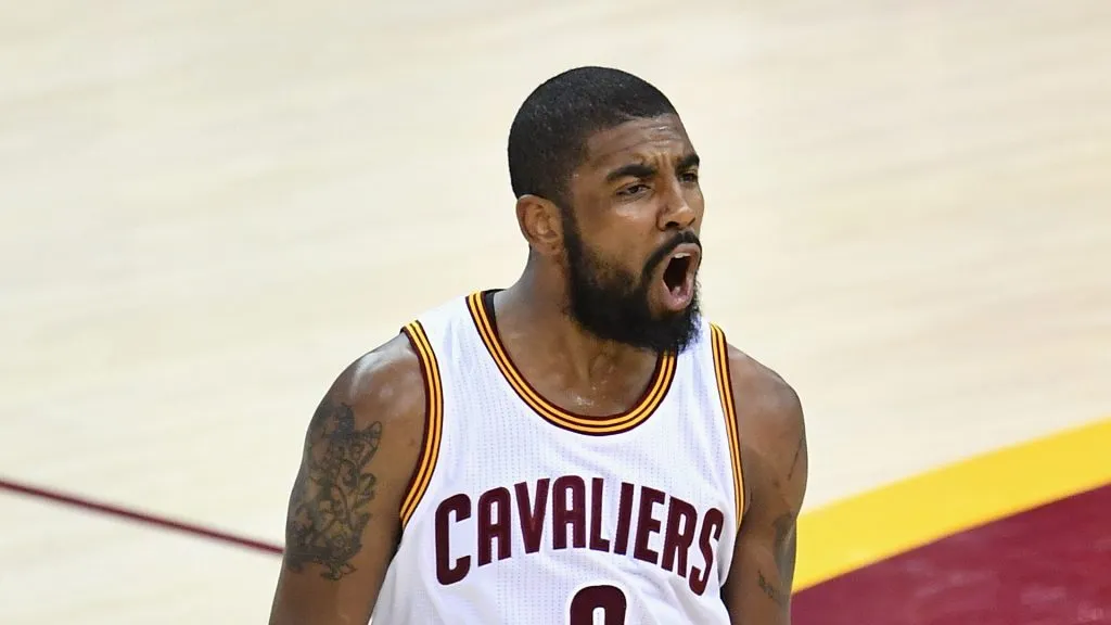 Kyrie Irving #2 of the Cleveland Cavaliers reacts after a play in the fourth quarter against the Golden State Warriors
