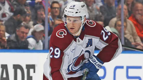 Nathan McKinnon #29 of the Colorado Avalanche skates with the puck against the Toronto Maple Leafs during the first period in an NHL game at Scotiabank Arena on March 19, 2025 in Toronto, Ontario, Canada.