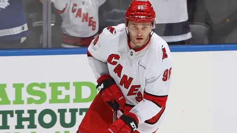 Mikko Rantanen warms up prior to playing against the Toronto Maple Leafs in an NHL game at Scotiabank Arena on February 22, 2025 in Toronto, Ontario, Canada.
