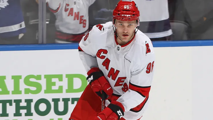 Mikko Rantanen warms up prior to playing against the Toronto Maple Leafs in an NHL game at Scotiabank Arena on February 22, 2025 in Toronto, Ontario, Canada.