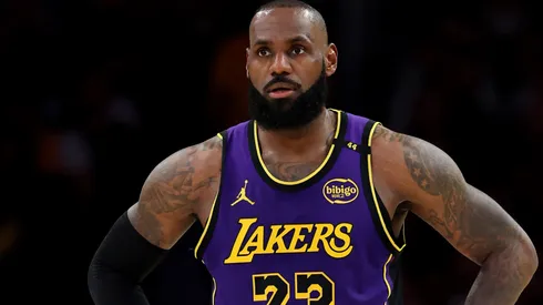 LeBron James #23 of the Los Angeles Lakers in action against the New Orleans Pelicans at Crypto.com Arena on April 04, 2025 in Los Angeles, California.