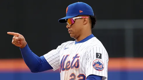 Juan Soto #22 of the New York Mets celebrates the win over the Toronto Blue Jays after the home opener at Citi Field on April 04, 2025 in the Flushing neighborhood of the Queens borough of New York City.
