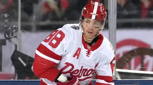 Patrick Kane #88 of the Detroit Red Wings seen in action during the 2025 NHL Stadium Series against the Columbus Blue Jackets at Ohio Stadium on March 01, 2025 in Columbus, Ohio.