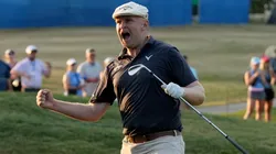 Harry Hall of England reacts after chipping in for a birdie on the ninth green during the third playoff hole during the final round of the Kentucky Championship at Keene Trace Golf Club on July 14, 2024.
