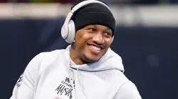 Michael Penix Jr. #9 of the Atlanta Falcons smiles during warmups before playing the New York Giants at Mercedes-Benz Stadium on December 22, 2024 in Atlanta, Georgia.
