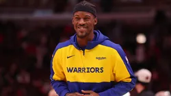 Jimmy Butler #10 warms up prior to his debut with the Golden State Warriors against the Chicago Bulls at the United Center on February 08, 2025 in Chicago, Illinois.