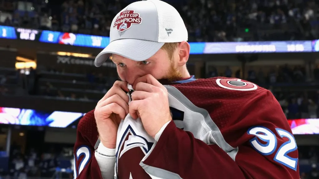 Gabriel Landeskog #92 of the Colorado Avalanche gets emotional following victory following the series winning victory over the Tampa Bay Lightning in Game Six of the 2022 NHL Stanley Cup Final at Amalie Arena on June 26, 2022 in Tampa, Florida.