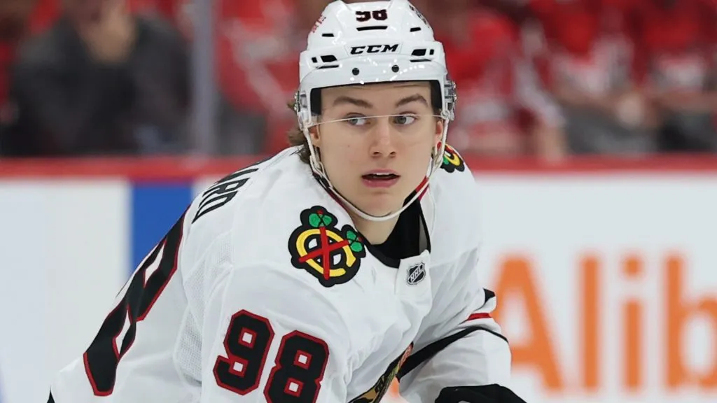 Connor Bedard #98 of the Chicago Blackhawks skates against the Washington Capitals during the first at Capital One Arena on April 04, 2025 in Washington, DC.