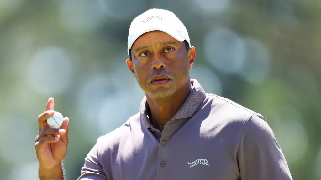 Tiger Woods of the United States reacts on the eighth green during the second round of the 2024 Masters Tournament at Augusta National Golf Club on April 12, 2024. (Source: Andrew Redington/Getty Images)