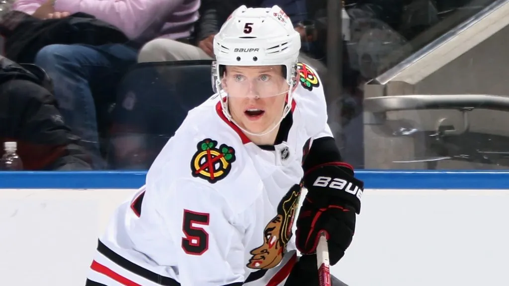 Connor Murphy #5 of the Chicago Blackhawks skates against the New York Islanders at UBS Arena on December 12, 2024 in Elmont, New York.