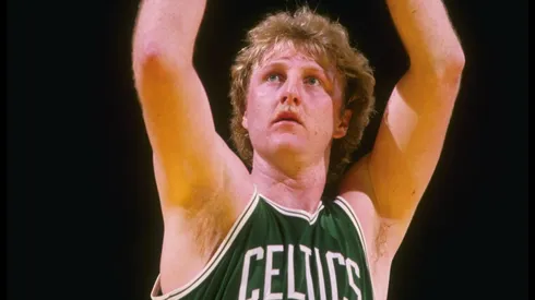 1985: Boston Celtis forward Larry Bird shoots during game.