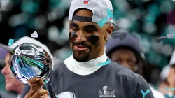 Jalen Hurts #1 of the Philadelphia Eagles celebrates with the Vince Lombardi Trophy after beating the Kansas City Chiefs 40-22 to win Super Bowl LIX at Caesars Superdome on February 09, 2025 in New Orleans, Louisiana.