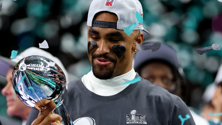 Jalen Hurts #1 of the Philadelphia Eagles celebrates with the Vince Lombardi Trophy after beating the Kansas City Chiefs 40-22 to win Super Bowl LIX at Caesars Superdome on February 09, 2025 in New Orleans, Louisiana.