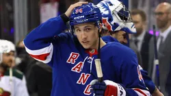 Gabe Perreault #94 of the New York Rangers puts his helmet on part way through warmups prior to his first NHL game against the Minnesota Wild at Madison Square Garden on April 02, 2025 in New York City.