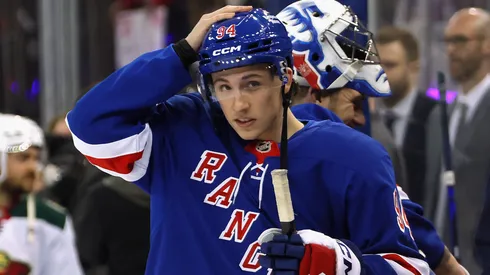 Gabe Perreault #94 of the New York Rangers puts his helmet on part way through warmups prior to his first NHL game against the Minnesota Wild at Madison Square Garden on April 02, 2025 in New York City.