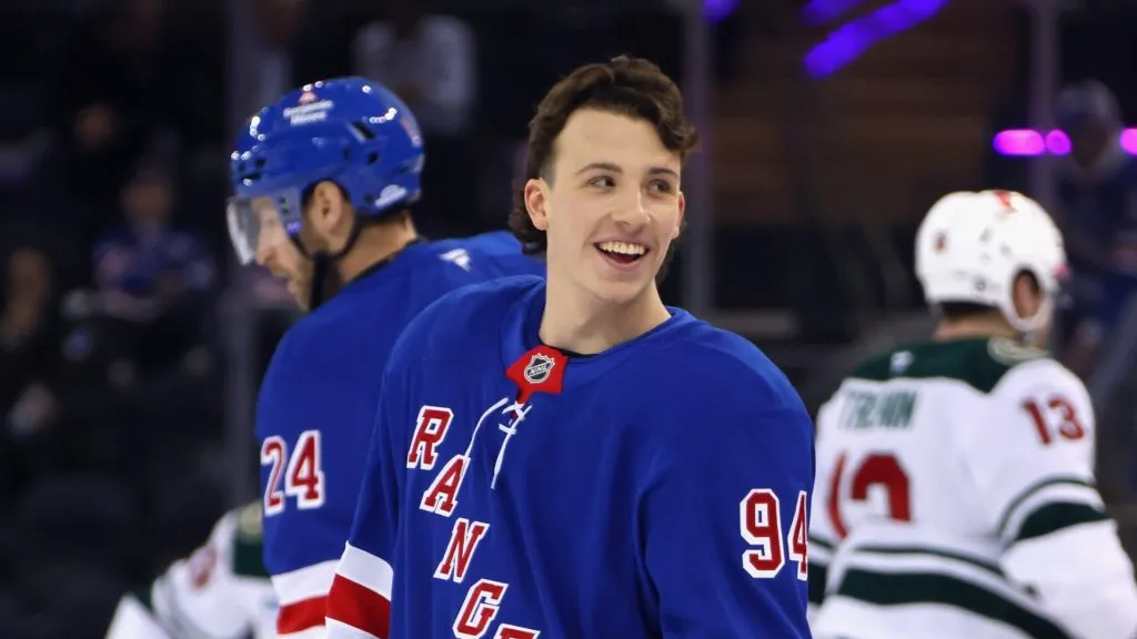 Gabe Perreault #94 of the New York Rangers takes a rookie lap prior to his first NHL game against the Minnesota Wild at Madison Square Garden on April 02, 2025 in New York City.