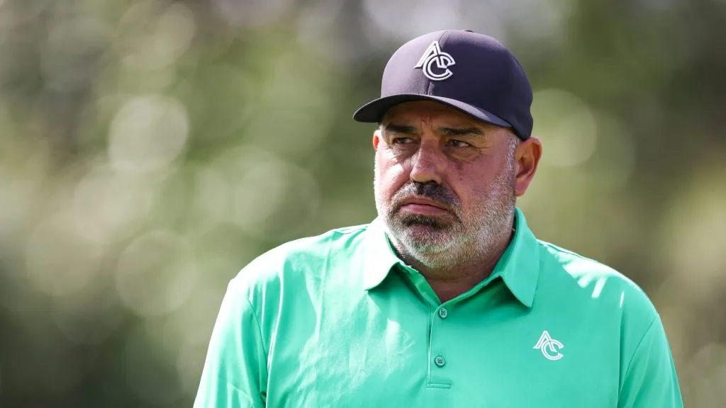 Angel Cabrera of Argentina plays reacts on the seventh hole during the second round of the Chubb Classic 2025 at Tiburon Golf Club on February 15, 2025 in Naples, Florida.