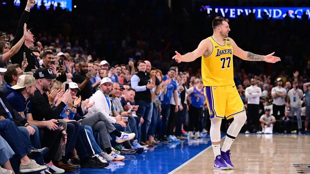 Luka Doncic #77 of the Los Angeles Lakers pleads with the officials after being ejected during the second half against the Oklahoma City Thunder. (Joshua Gateley/Getty Images)