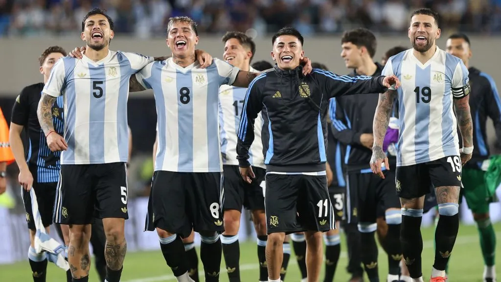 Argentina’s national team players celebrate after defeating Brazil