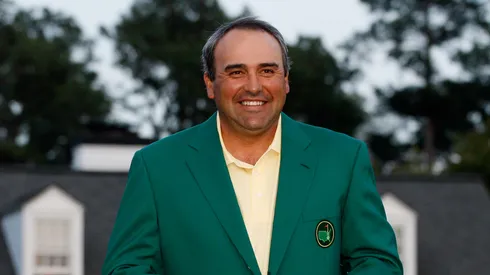 Angel Cabrera of Argentina celebrates during the green jacket presentation after defeating Kenny Perry on the second sudden death playoff hole to win the 2009 Masters Tournament at Augusta National Golf Club on April 12, 2009 in Augusta, Georgia.