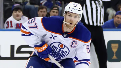 Connor McDavid #97 of the Edmonton Oilers skates against the New York Rangers at Madison Square Garden on March 16, 2025 in New York City.