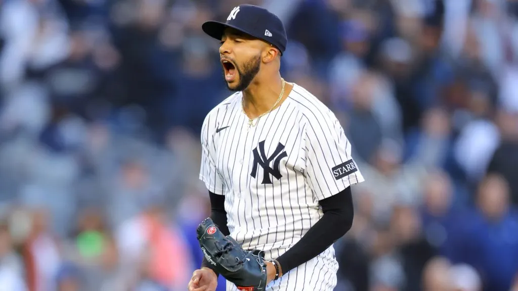 Devin Williams #38 of the New York Yankees celebrates after defeating the Milwaukee Brewers on Opening Day at Yankee Stadium on March 27, 2025 in New York City. (Photo by Mike Stobe/Getty Images)