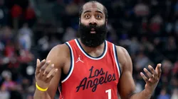 James Harden #1 of the LA Clippers reacts during play against the San Antonio Spurs in the first half at Intuit Dome on April 08, 2025 in Inglewood, California.