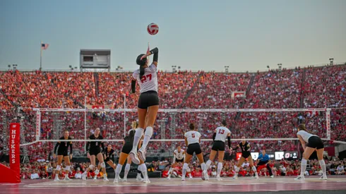 Harper Murray #27 of the Nebraska Cornhuskers serves against the Omaha Mavericks at Memorial Stadium on August 30, 2023.