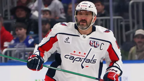 Alex Ovechkin #8 of the Washington Capitals skates against the New York Islanders at UBS Arena on April 06, 2025 in Elmont, New York.