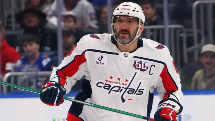 Alex Ovechkin #8 of the Washington Capitals skates against the New York Islanders at UBS Arena on April 06, 2025 in Elmont, New York.