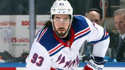 Mika Zibanejad #93 of the New York Rangers skates against the New York Islanders at UBS Arena on February 25, 2025 in Elmont, New York.