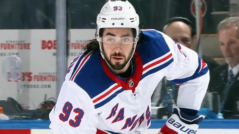 Mika Zibanejad #93 of the New York Rangers skates against the New York Islanders at UBS Arena on February 25, 2025 in Elmont, New York.