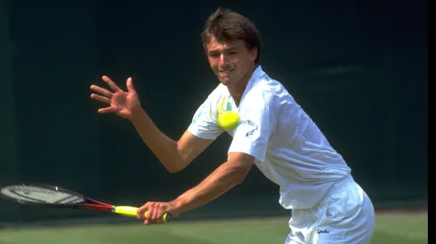Goran Ivanisevic of Croatia goes for a shot at the net during his match against Ivan Lendl at the 1992 Wimbledon championships.