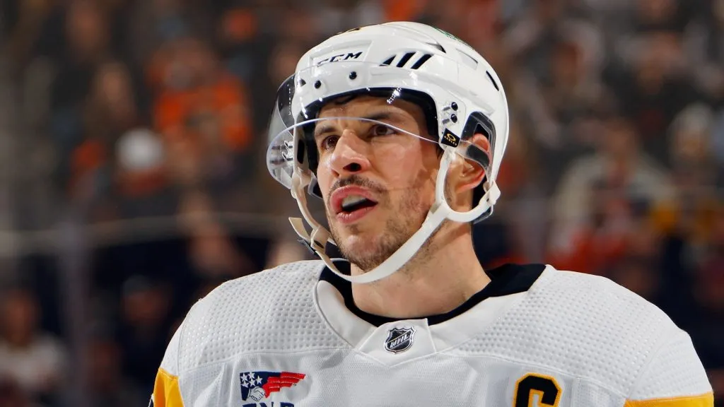 Sidney Crosby #87 of the Pittsburgh Penguins skates against the Philadelphia Flyers at the Wells Fargo Center on December 04, 2023 in Philadelphia, Pennsylvania.