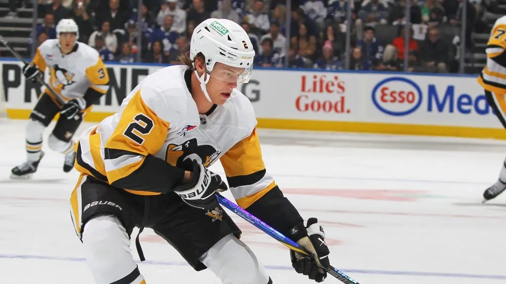 Rutger McGroarty #2 of the Pittsburgh Penguins handles the puck against the Toronto Maple Leafs during the 1st period in an NHL game at Scotiabank Arena in Toronto, Ontario, Canada on October 12, 2024.The Maple Leafs defeated the Penguins 4-2.