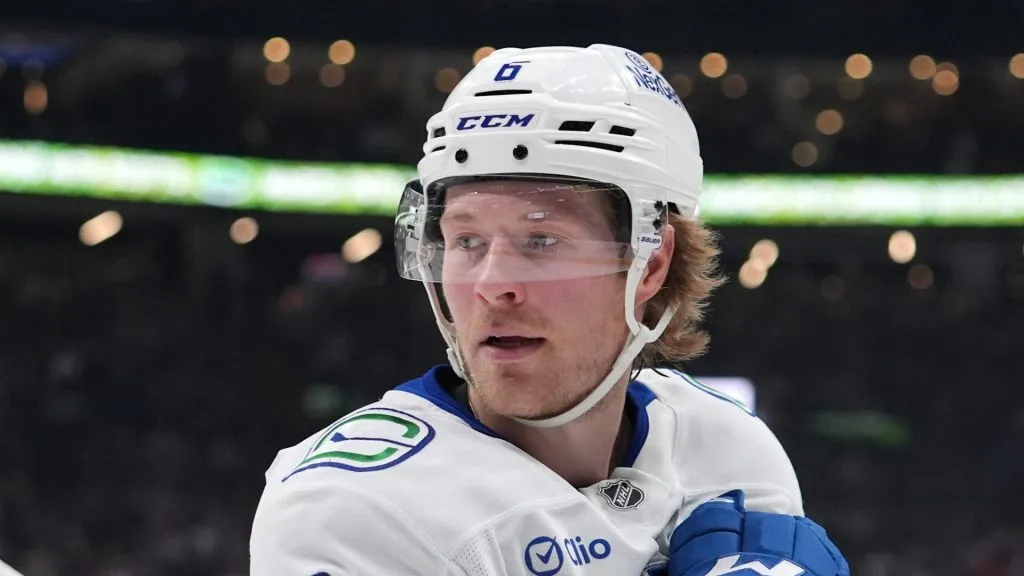 Brock Boeser #6 of the Vancouver Canucks celebrates a goal during the first period against the Columbus Blue Jackets at Nationwide Arena on March 28, 2025 in Columbus, Ohio.