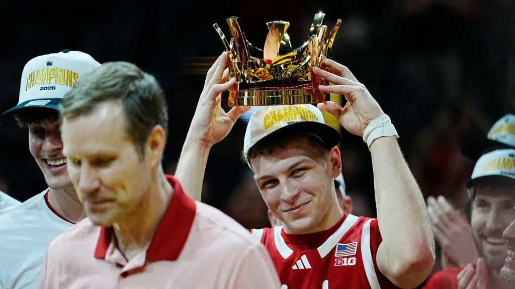 Cale Jacobsen #31 of the Nebraska Cornhuskers hoists the Crown Championship trophy following the championship game of the College Basketball Crown tournament between the Nebraska Cornhuskers and the UCF Knights T-Mobile Arena on April 06, 2025 in Las Vegas, Nevada.