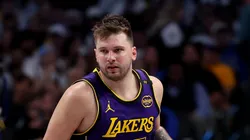 Luka Doncic #77 of the Los Angeles Lakers dribbles the ball against the Dallas Mavericks