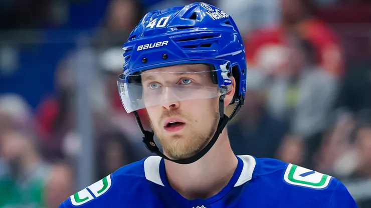 Elias Pettersson at Rogers Arena on October 9, 2024 in Vancouver, British Columbia, Canada.