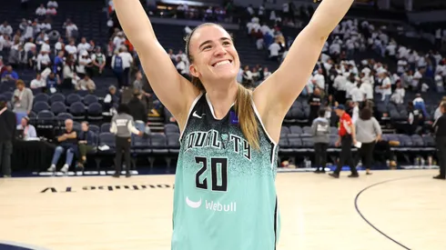 Sabrina Ionescu #20 of the New York Liberty reacts after hitting a game winning three point basket to defeat the Minnesota Lynx 80-77 in Game Three of the WNBA Finals at Target Center on October 16, 2024.